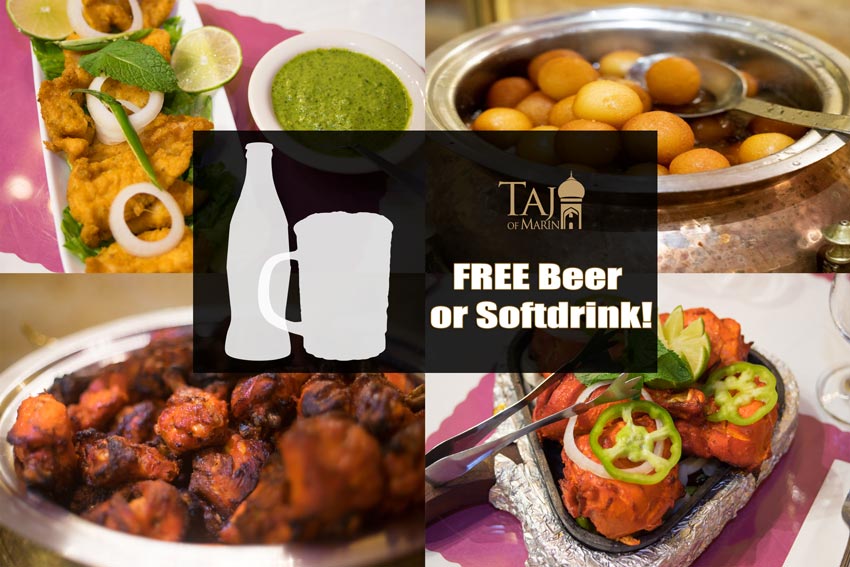 Taj of Marin - Free Beer or Soft Drink - Different Taj of Marin dishes with silhouttes of a bottle and mug. Logo and text.
