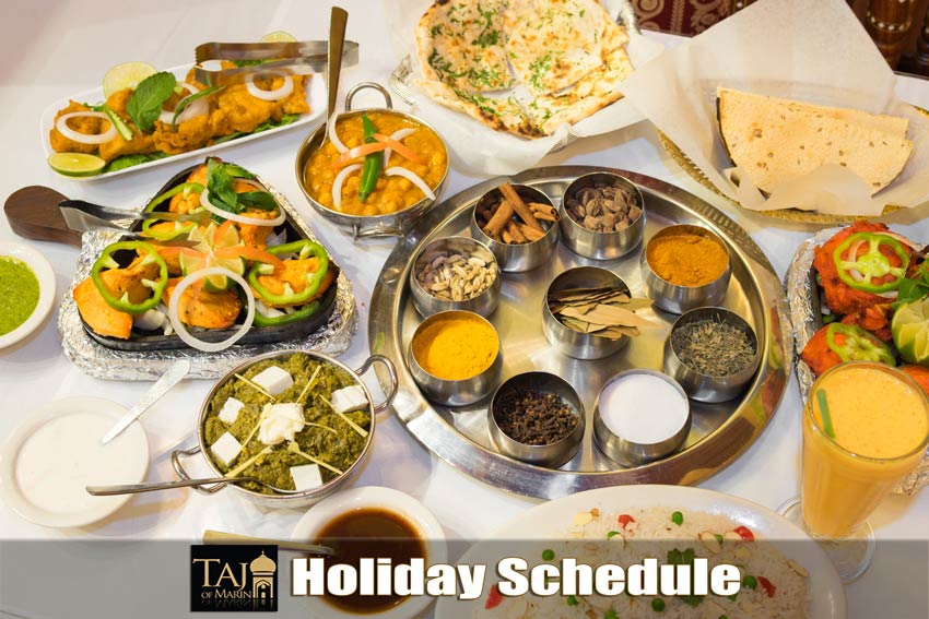 Taj of Marin Holiday Schedule - Different Taj of Marin dishes, logo and text.